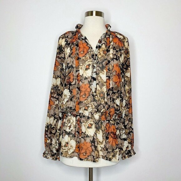 BELLATRIX Top Women M Fall Color Floral Print Long Sleeve Chiffon - Picture 1 of 6